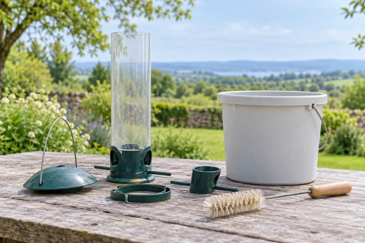 Dismantled seed feeder beside a cleaning bucket and bottle brush outdoors.